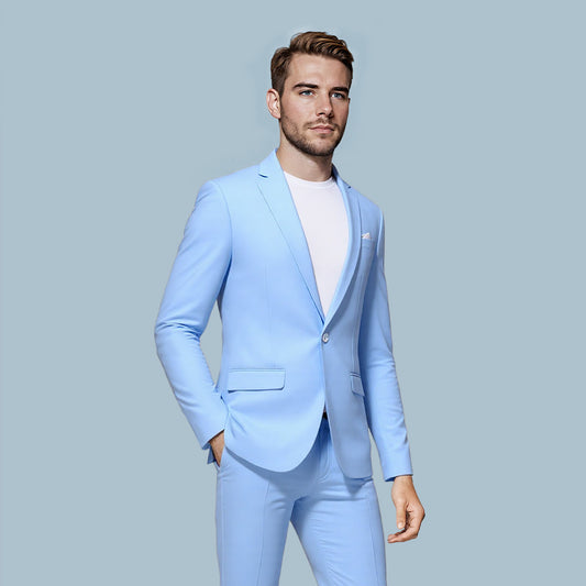 Light Blue # Men's one-button casual blazer with flat collar and single-breasted closure, stylish light blue sport coat jacket with premium polyester viscose blend fabric and eco-friendly buttons for business, office, wedding and daily wear, isolated on white background.