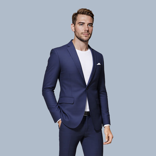 Navy # Men's one-button casual blazer with flat collar and single-breasted closure, stylish navy sport coat jacket with premium polyester viscose blend fabric and eco-friendly buttons for business, office, wedding and daily wear, isolated on white background.