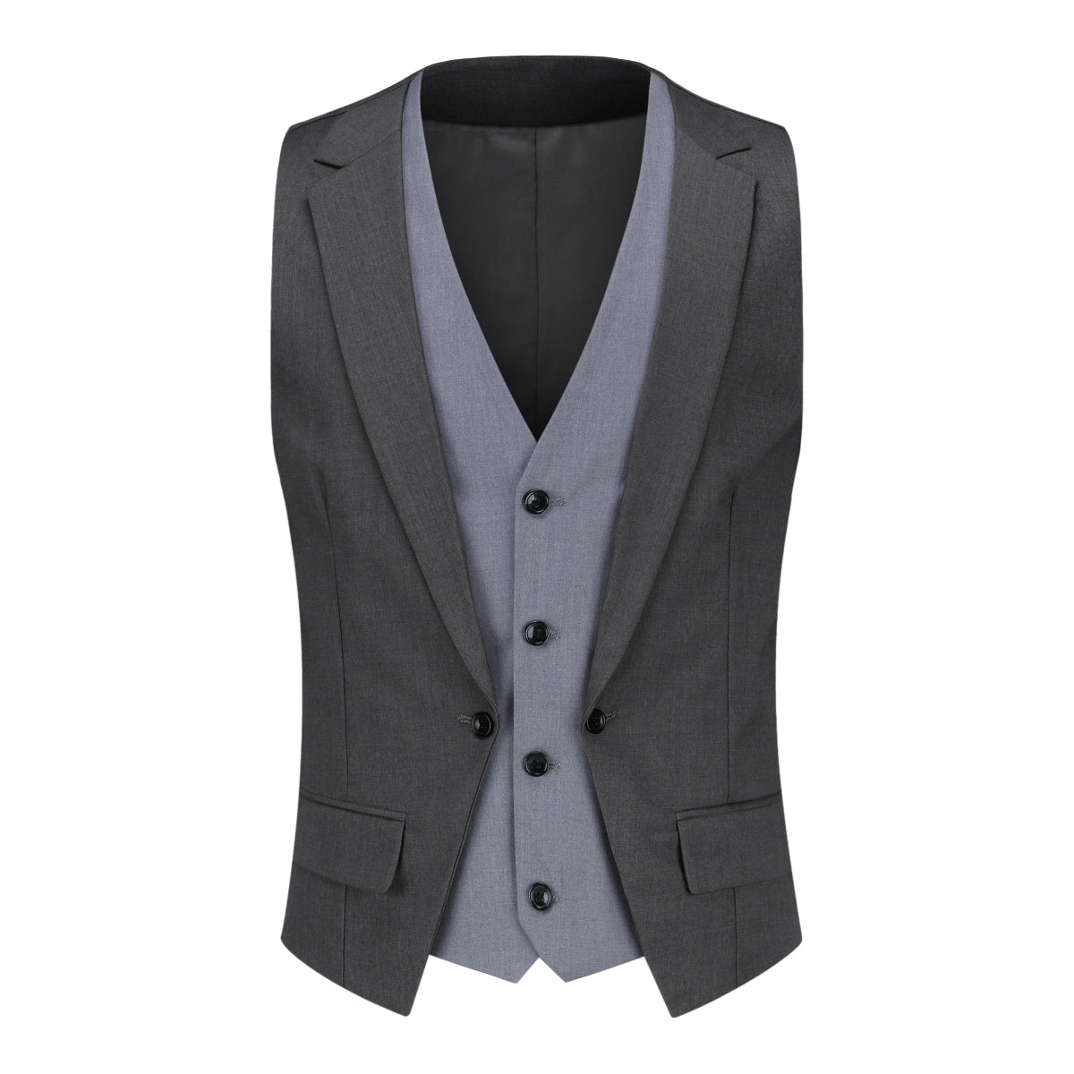Grey # Men's notched lapel patchwork vest, slim fit lightweight waistcoat with adjustable back tie and buckle, soft breathable fabric with structured shoulders and 3D cutting for daily business, office, wedding and casual wear, isolated on white background.