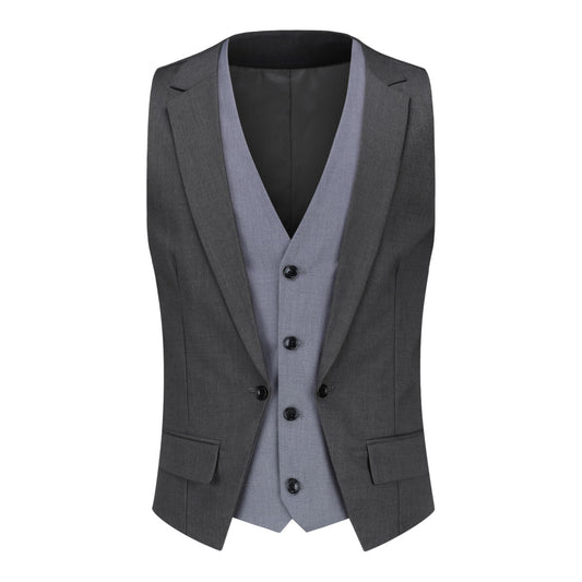 Grey # Men's notched lapel patchwork vest, slim fit lightweight waistcoat with adjustable back tie and buckle, soft breathable fabric with structured shoulders and 3D cutting for daily business, office, wedding and casual wear, isolated on white background.