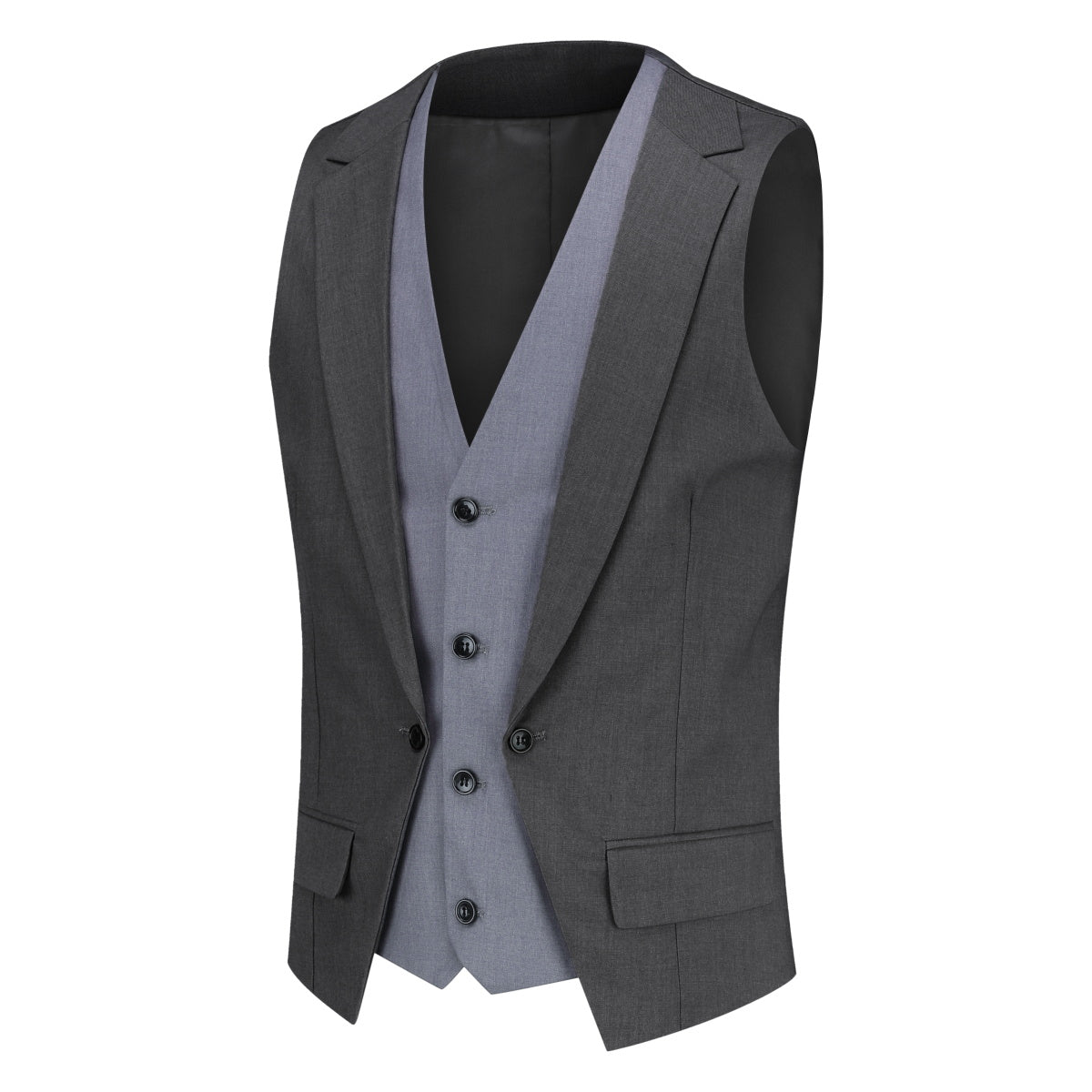 Grey # Men's notched lapel patchwork vest, slim fit lightweight waistcoat with adjustable back tie and buckle, soft breathable fabric with structured shoulders and 3D cutting for daily business, office, wedding and casual wear, isolated on white background.