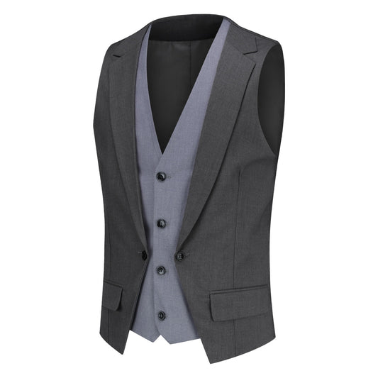 Grey # Men's notched lapel patchwork vest, slim fit lightweight waistcoat with adjustable back tie and buckle, soft breathable fabric with structured shoulders and 3D cutting for daily business, office, wedding and casual wear, isolated on white background.