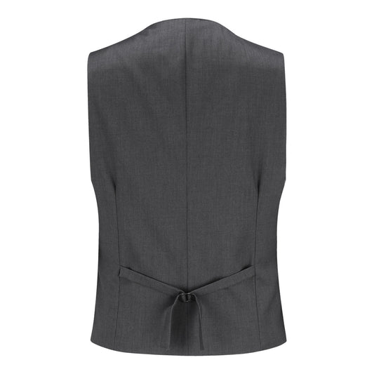 Grey # Men's notched lapel patchwork vest, slim fit lightweight waistcoat with adjustable back tie and buckle, soft breathable fabric with structured shoulders and 3D cutting for daily business, office, wedding and casual wear, isolated on white background.