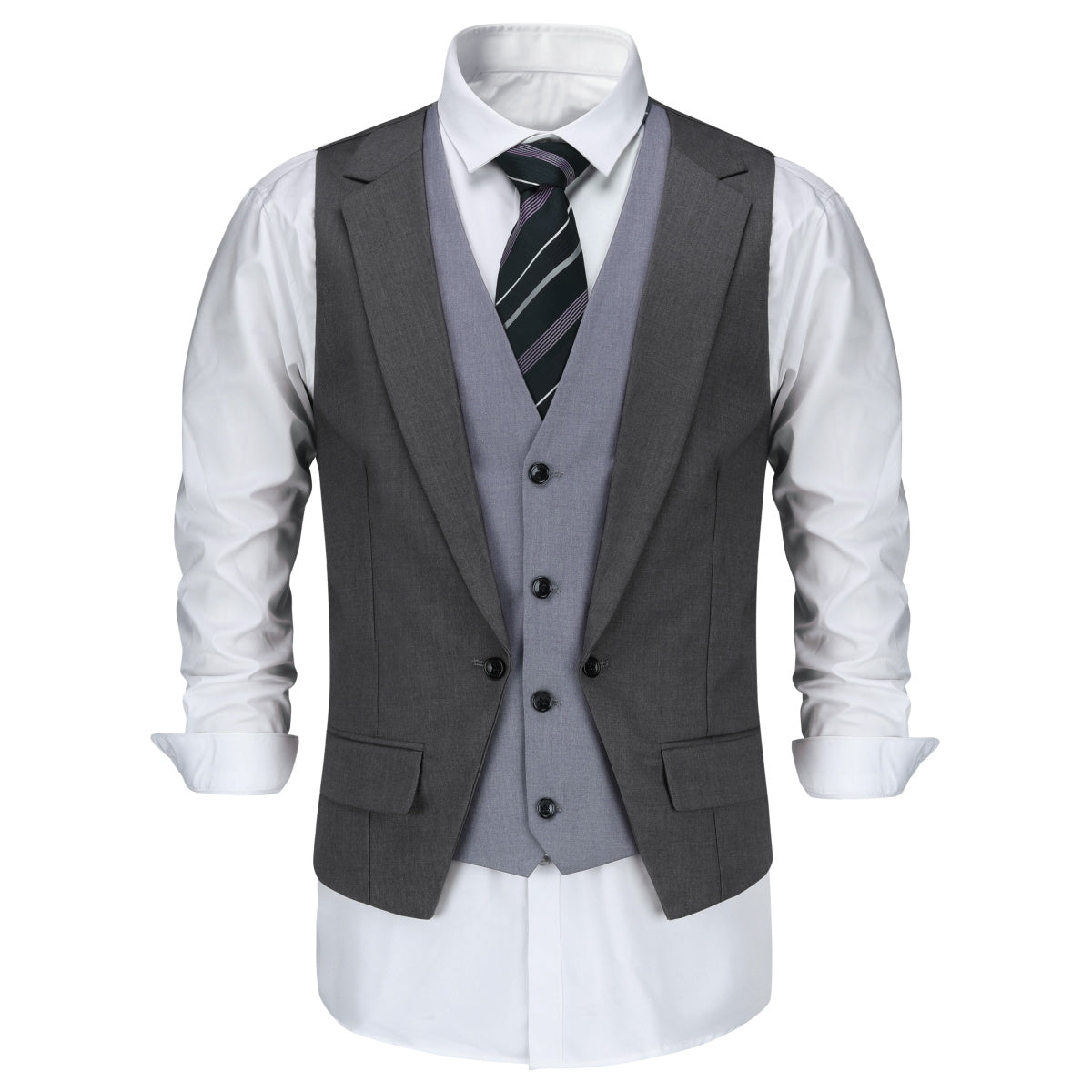 Grey # Men's notched lapel patchwork vest, slim fit lightweight waistcoat with adjustable back tie and buckle, soft breathable fabric with structured shoulders and 3D cutting for daily business, office, wedding and casual wear, isolated on white background.