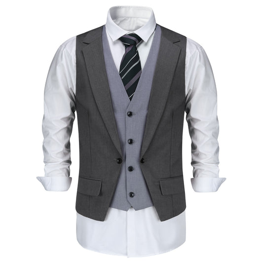 Grey # Men's notched lapel patchwork vest, slim fit lightweight waistcoat with adjustable back tie and buckle, soft breathable fabric with structured shoulders and 3D cutting for daily business, office, wedding and casual wear, isolated on white background.