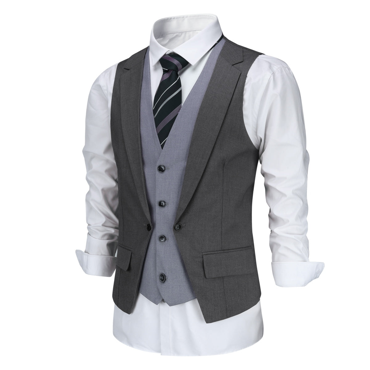 Grey # Men's notched lapel patchwork vest, slim fit lightweight waistcoat with adjustable back tie and buckle, soft breathable fabric with structured shoulders and 3D cutting for daily business, office, wedding and casual wear, isolated on white background.