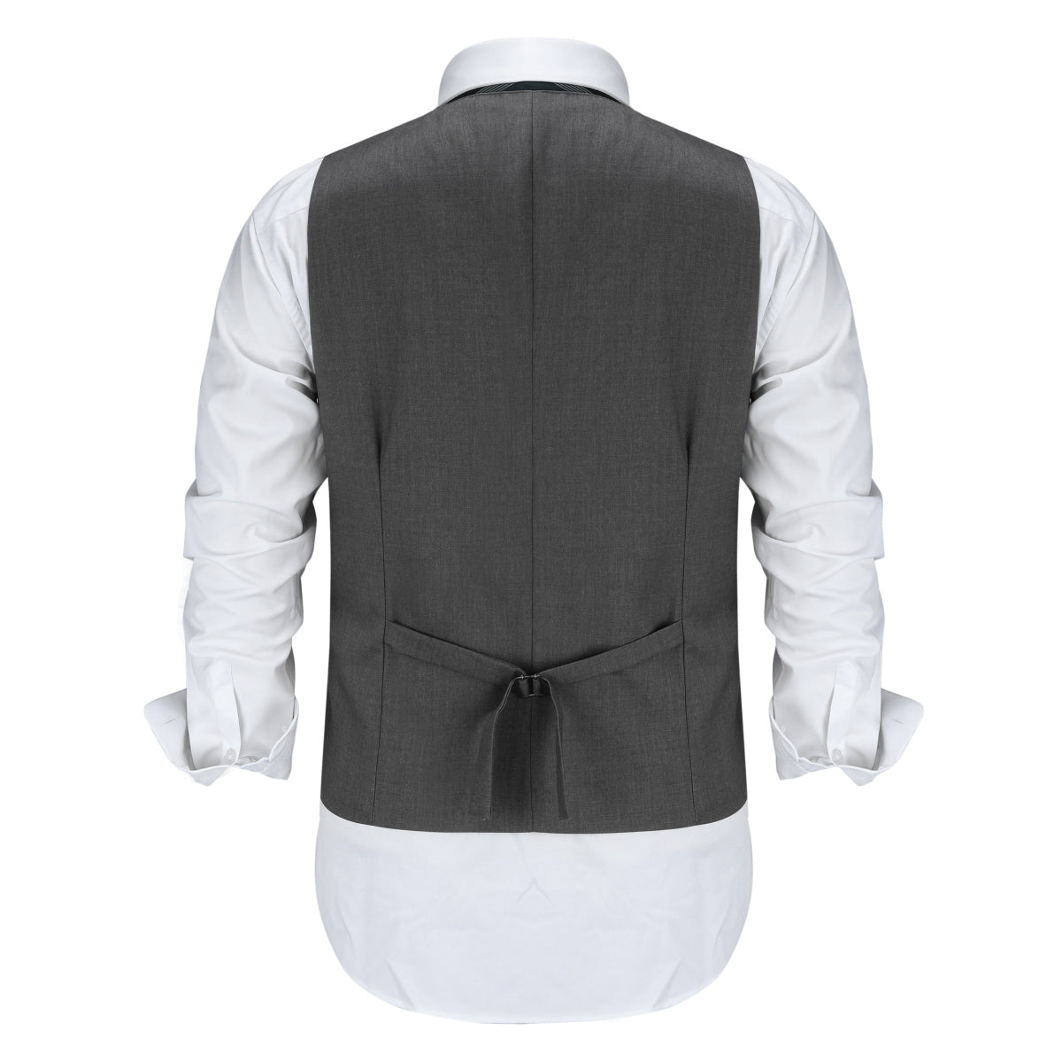 Grey # Men's notched lapel patchwork vest, slim fit lightweight waistcoat with adjustable back tie and buckle, soft breathable fabric with structured shoulders and 3D cutting for daily business, office, wedding and casual wear, isolated on white background.