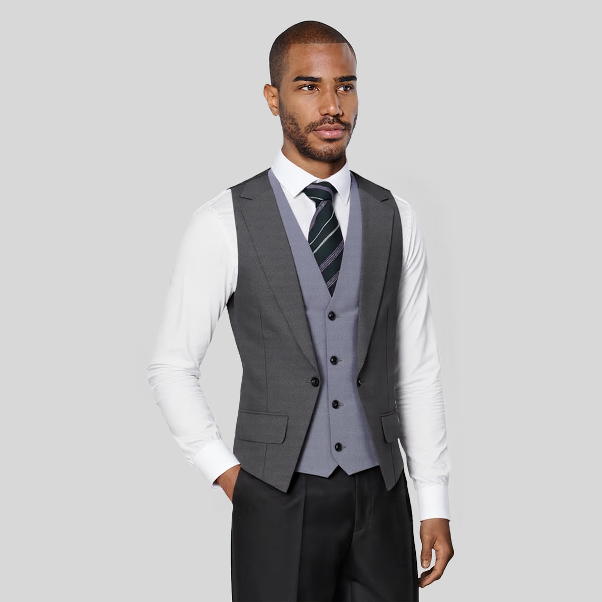 Grey # Men's notched lapel patchwork vest, slim fit lightweight waistcoat with adjustable back tie and buckle, soft breathable fabric with structured shoulders and 3D cutting for daily business, office, wedding and casual wear, isolated on white background.