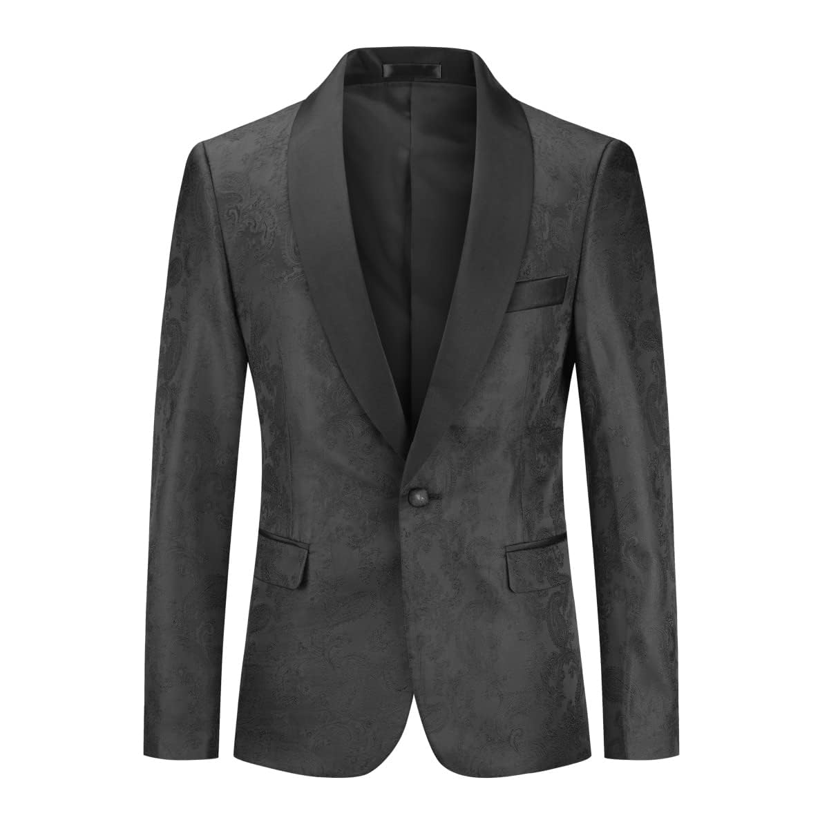 Black # Men's one-button slim fit print blazer, notched lapel single-breasted casual sport coat with fashionable random cutting printed pattern, soft and breathable polyester viscose blend jacket for party, prom, banquet, stage performance and special occasions, isolated on white background.