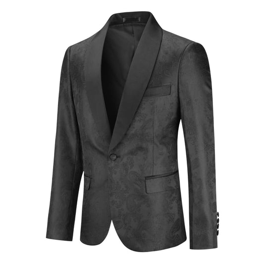Black # Men's one-button slim fit print blazer, notched lapel single-breasted casual sport coat with fashionable random cutting printed pattern, soft and breathable polyester viscose blend jacket for party, prom, banquet, stage performance and special occasions, isolated on white background.