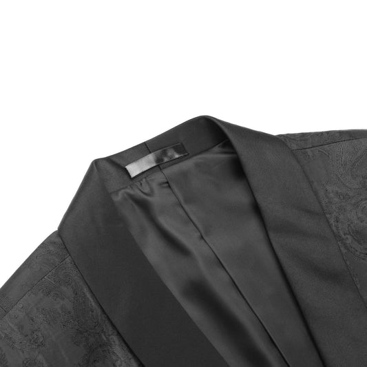 Black # Men's one-button slim fit print blazer, notched lapel single-breasted casual sport coat with fashionable random cutting printed pattern, soft and breathable polyester viscose blend jacket for party, prom, banquet, stage performance and special occasions, isolated on white background.