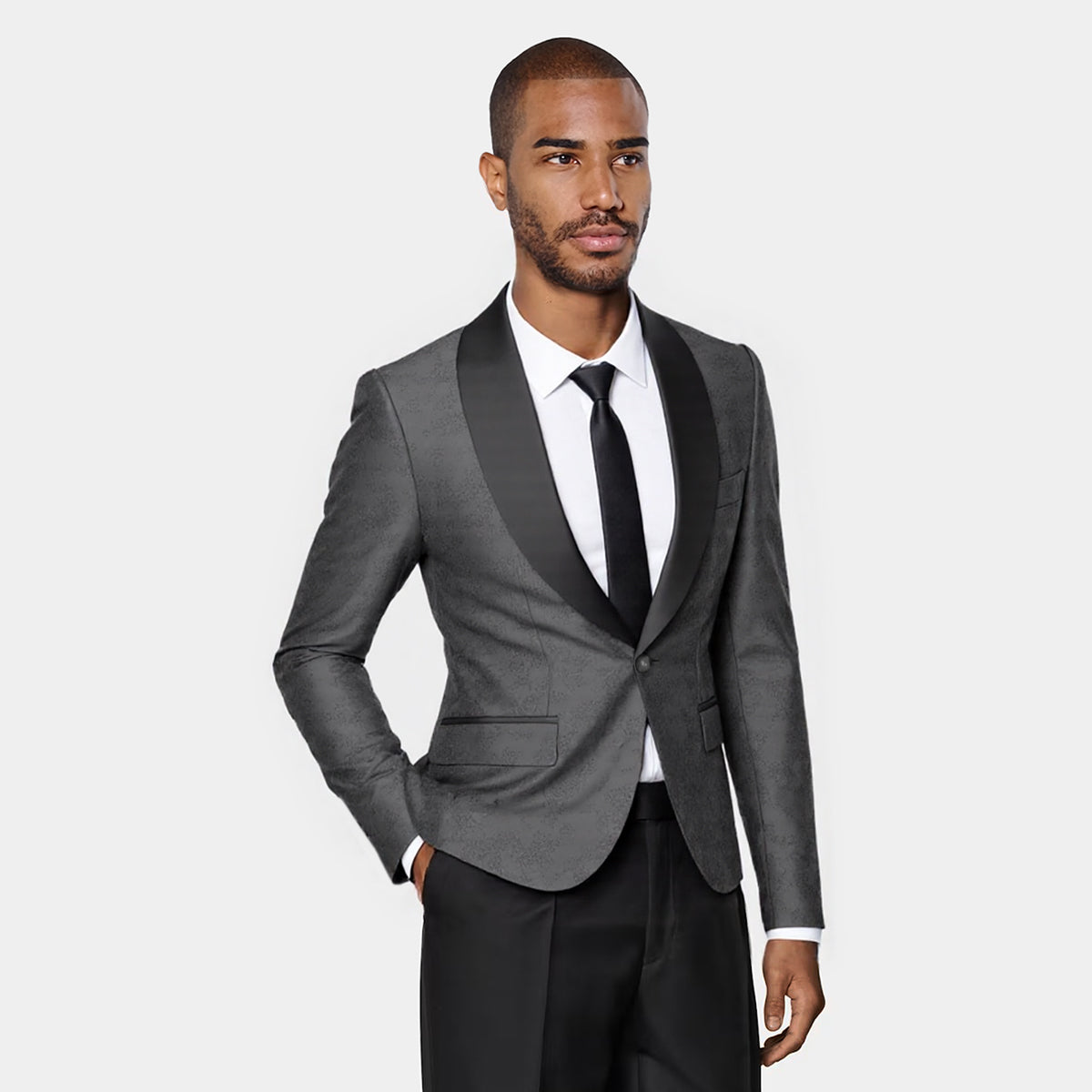 Black # Men's one-button slim fit print blazer, notched lapel single-breasted casual sport coat with fashionable random cutting printed pattern, soft and breathable polyester viscose blend jacket for party, prom, banquet, stage performance and special occasions, isolated on white background.
