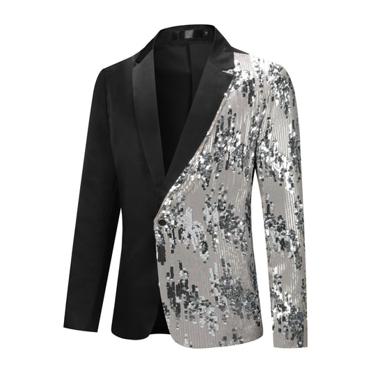 Silver # Men's slim fit sequins color-blocking stage blazer with stand collar and single-breasted closure, shiny silver sparkle jacket with side pockets and lined interior for stage performance, party, prom, wedding and special events, isolated on white background.