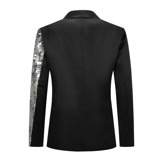 Silver # Men's slim fit sequins color-blocking stage blazer with stand collar and single-breasted closure, shiny silver sparkle jacket with side pockets and lined interior for stage performance, party, prom, wedding and special events, isolated on white background.