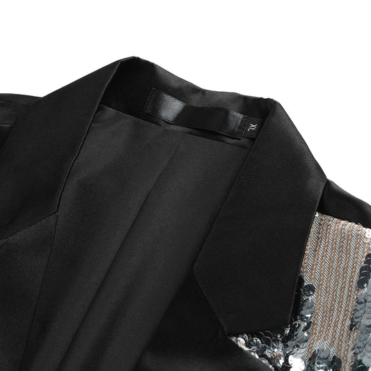 Silver # Men's slim fit sequins color-blocking stage blazer with stand collar and single-breasted closure, shiny silver sparkle jacket with side pockets and lined interior for stage performance, party, prom, wedding and special events, isolated on white background.
