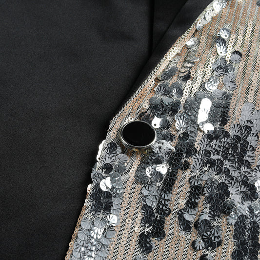 Silver # Men's slim fit sequins color-blocking stage blazer with stand collar and single-breasted closure, shiny silver sparkle jacket with side pockets and lined interior for stage performance, party, prom, wedding and special events, isolated on white background.