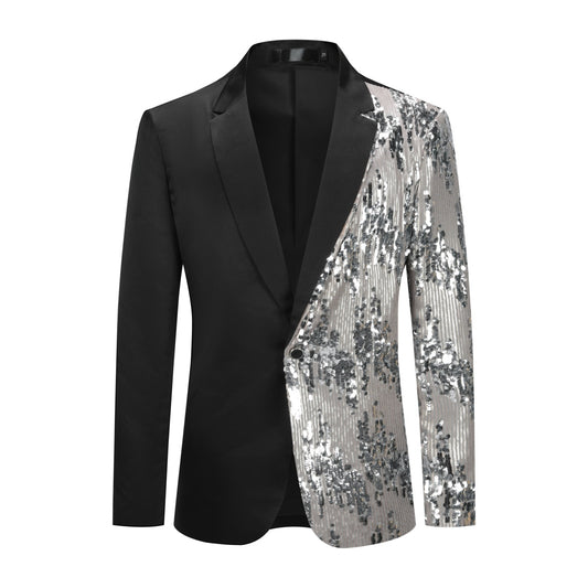 Silver # Men's slim fit sequins color-blocking stage blazer with stand collar and single-breasted closure, shiny silver sparkle jacket with side pockets and lined interior for stage performance, party, prom, wedding and special events, isolated on white background.