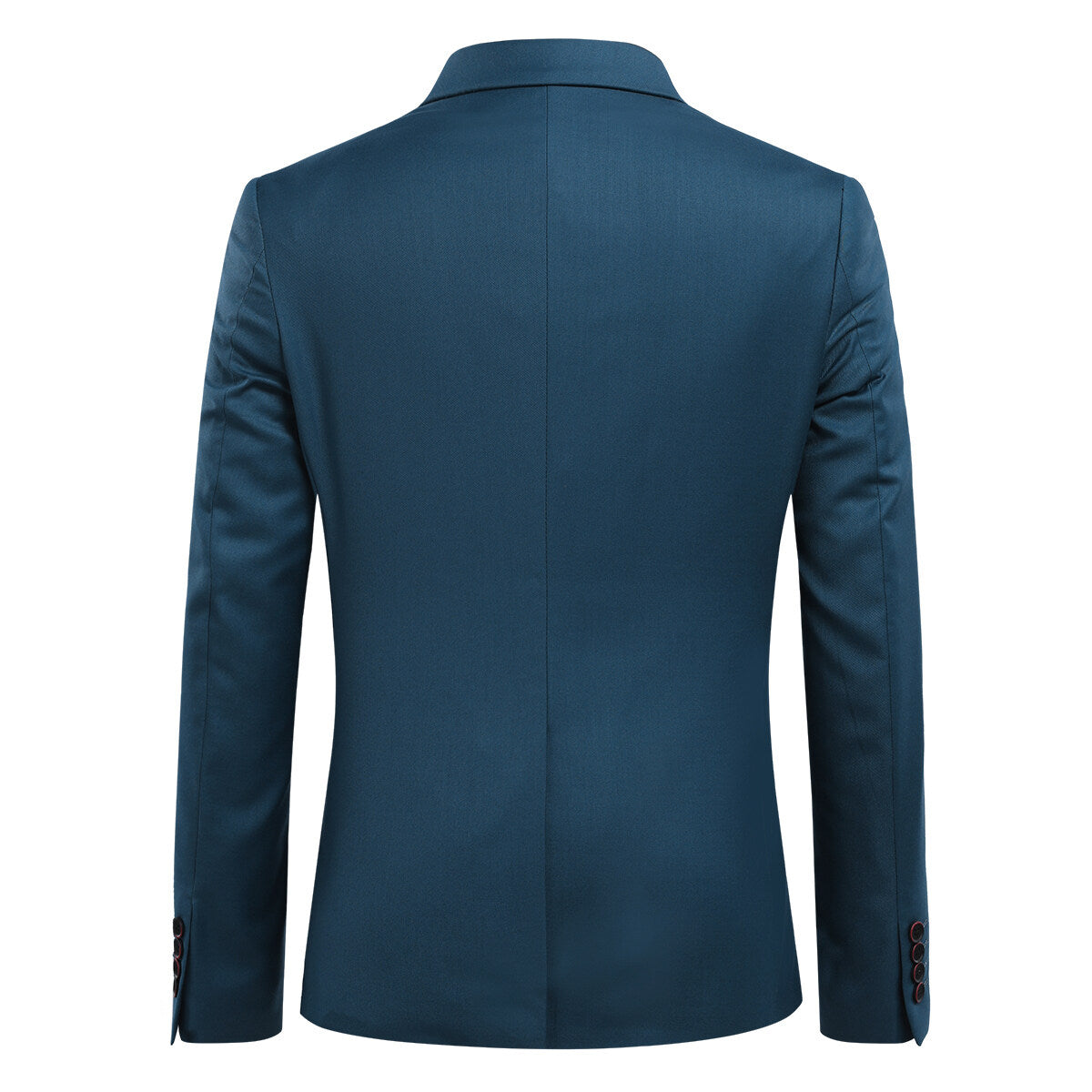 Sea Blue # Men's slim fit 3-piece solid color suit with notched lapel and one-button single-breasted closure, sea blue formal blazer jacket with matching vest and flat-front trousers, padded shoulders and back vent for wedding, business, prom and formal occasions, isolated on white background.