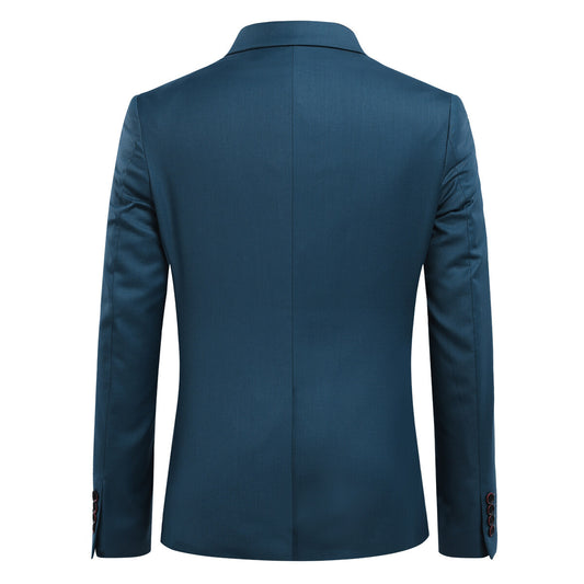 Sea Blue # Men's slim fit 3-piece solid color suit with notched lapel and one-button single-breasted closure, sea blue formal blazer jacket with matching vest and flat-front trousers, padded shoulders and back vent for wedding, business, prom and formal occasions, isolated on white background.