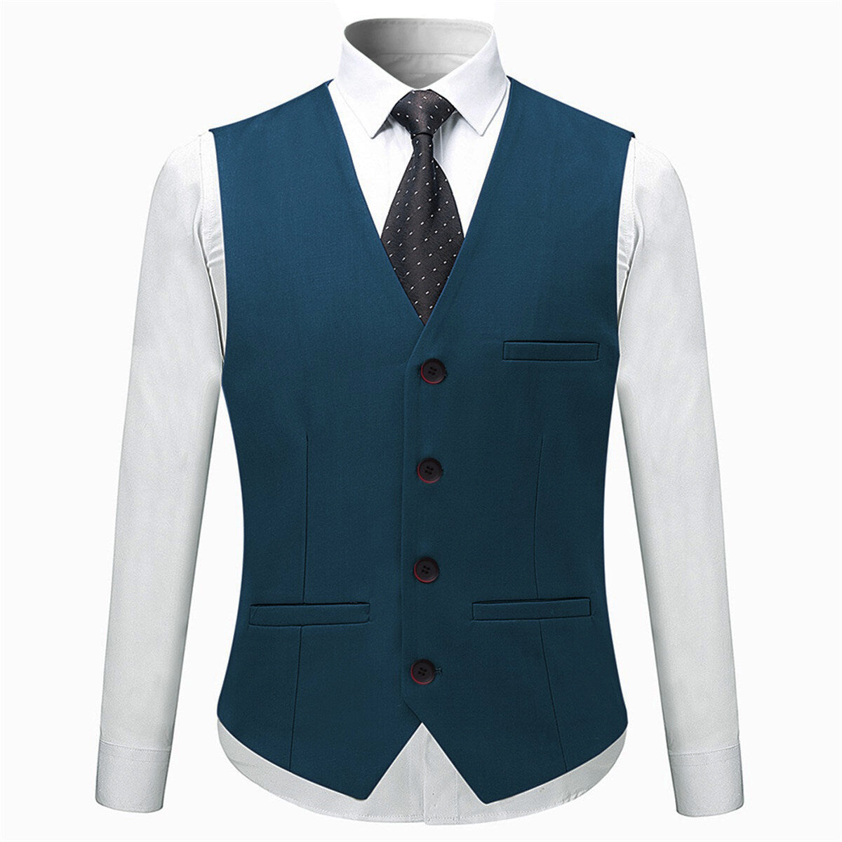 Sea Blue # Men's slim fit 3-piece solid color suit with notched lapel and one-button single-breasted closure, sea blue formal blazer jacket with matching vest and flat-front trousers, padded shoulders and back vent for wedding, business, prom and formal occasions, isolated on white background.