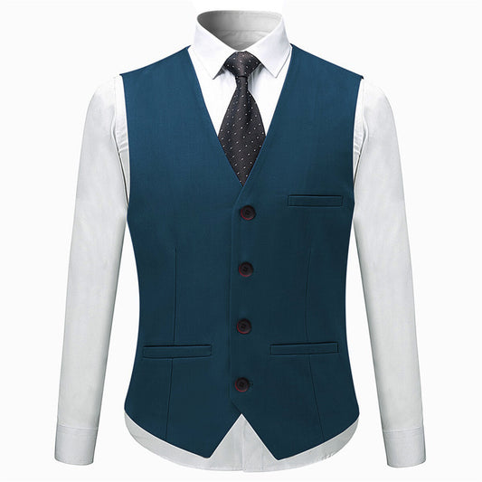 Sea Blue # Men's slim fit 3-piece solid color suit with notched lapel and one-button single-breasted closure, sea blue formal blazer jacket with matching vest and flat-front trousers, padded shoulders and back vent for wedding, business, prom and formal occasions, isolated on white background.
