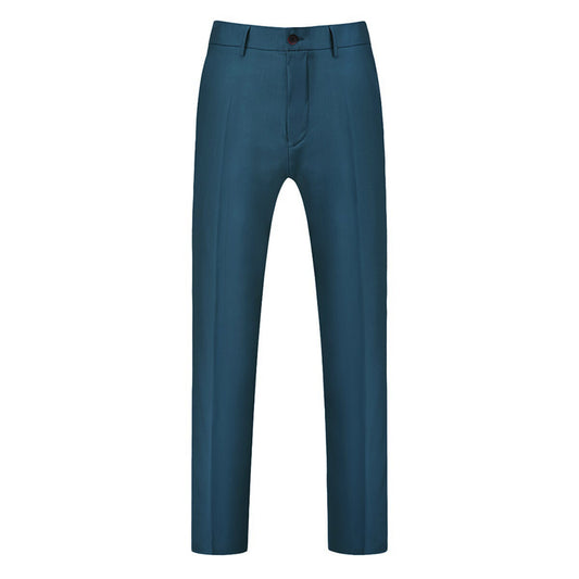 Sea Blue # Men's slim fit 3-piece solid color suit with notched lapel and one-button single-breasted closure, sea blue formal blazer jacket with matching vest and flat-front trousers, padded shoulders and back vent for wedding, business, prom and formal occasions, isolated on white background.