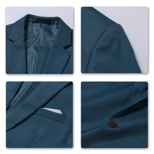 Sea Blue # Men's slim fit 3-piece solid color suit with notched lapel and one-button single-breasted closure, sea blue formal blazer jacket with matching vest and flat-front trousers, padded shoulders and back vent for wedding, business, prom and formal occasions, isolated on white background.
