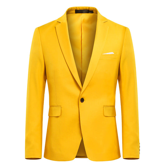 Yellow # Men's slim fit 3-piece solid color suit with notched lapel and one-button single-breasted closure, yellow formal blazer jacket with matching vest and flat-front trousers, fully padded shoulders and back vent for wedding, prom, business and formal occasions, isolated on white background.