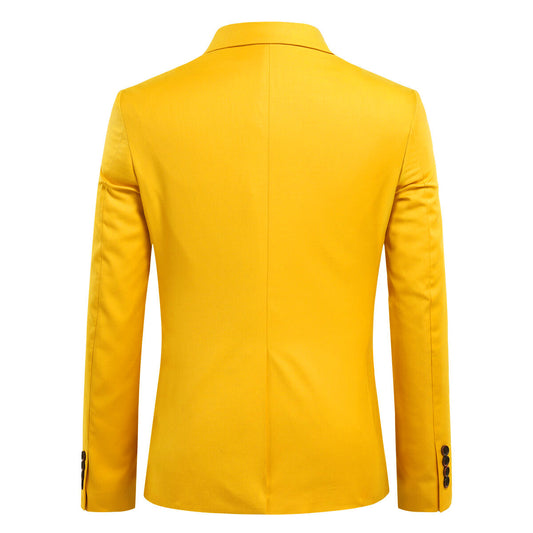 Yellow # Men's slim fit 3-piece solid color suit with notched lapel and one-button single-breasted closure, yellow formal blazer jacket with matching vest and flat-front trousers, fully padded shoulders and back vent for wedding, prom, business and formal occasions, isolated on white background.