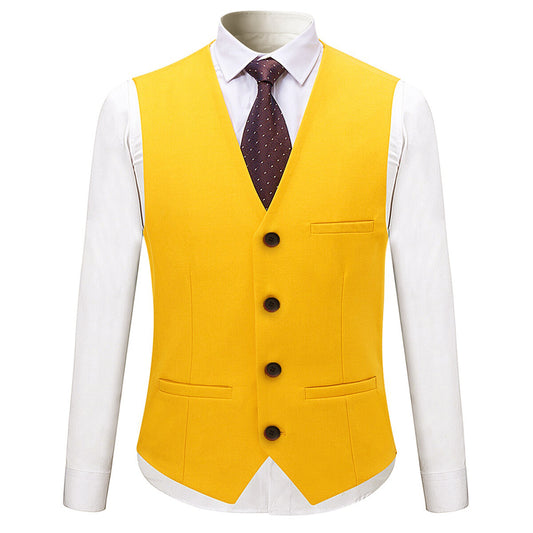 Yellow # Men's slim fit 3-piece solid color suit with notched lapel and one-button single-breasted closure, yellow formal blazer jacket with matching vest and flat-front trousers, fully padded shoulders and back vent for wedding, prom, business and formal occasions, isolated on white background.