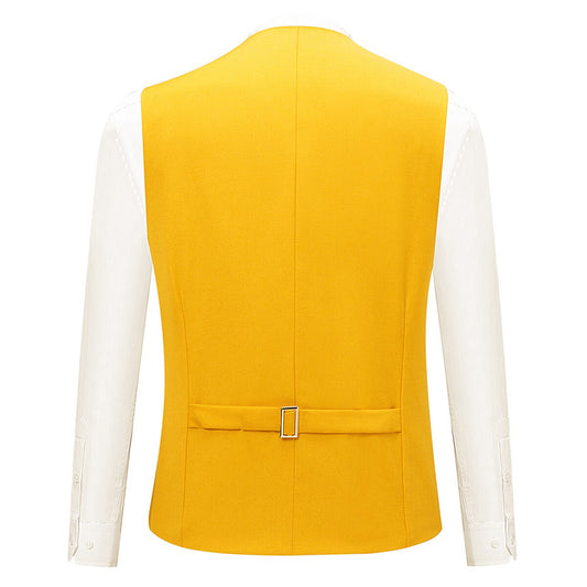 Yellow # Men's slim fit 3-piece solid color suit with notched lapel and one-button single-breasted closure, yellow formal blazer jacket with matching vest and flat-front trousers, fully padded shoulders and back vent for wedding, prom, business and formal occasions, isolated on white background.