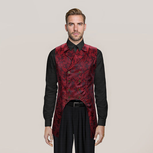 Maroon # Men's slim fit double breasted paisley dress vest with notched lapel and back vent, maroon brocade suit vest with 4-button closure and elegant paisley embroidery for wedding, prom, party, banquet and formal occasions, isolated on white background.