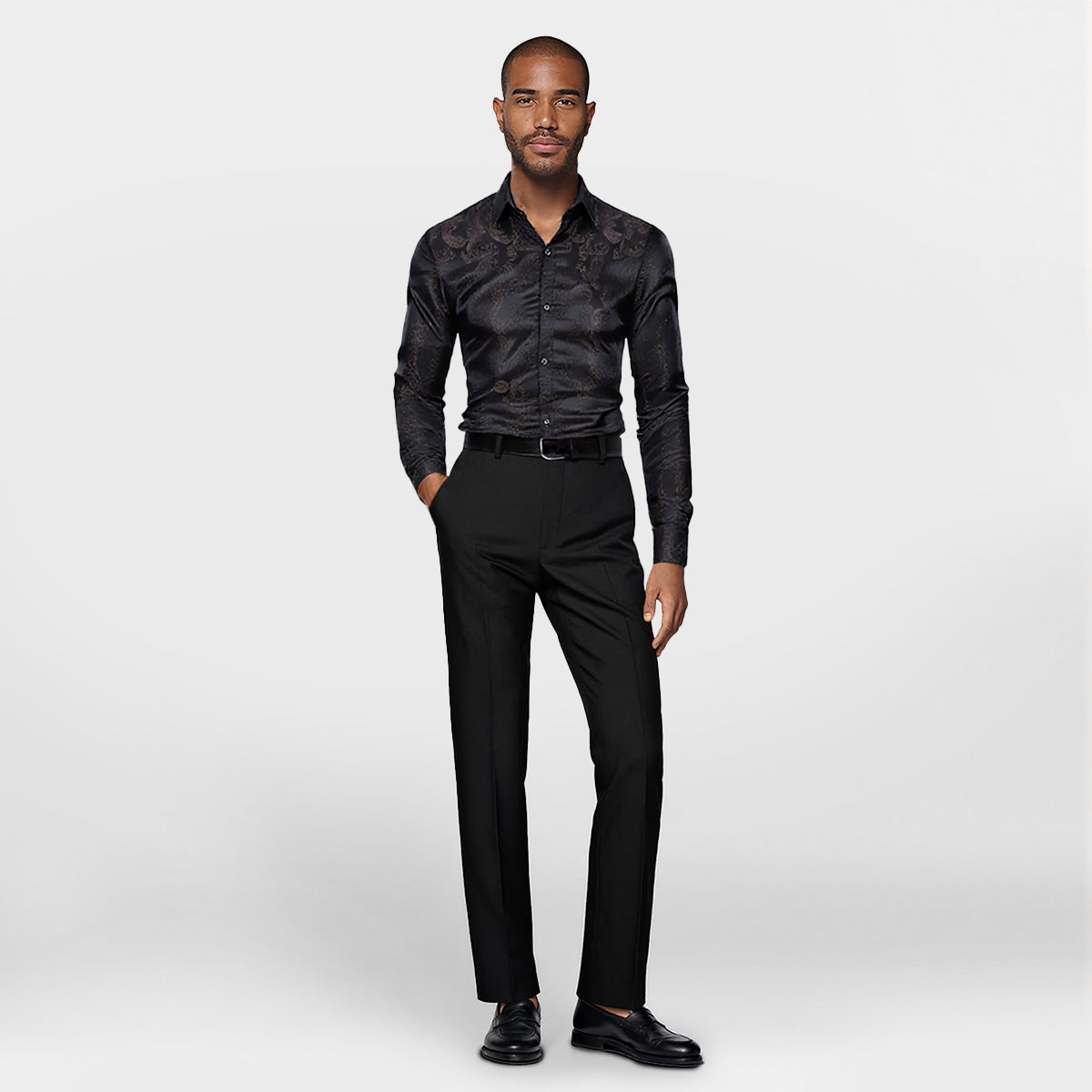 Black # Men's slim fit embroidered paisley shirt with point collar and long sleeves, black button-closure top with tone-to-tone embroidery and breathable polyester blend fabric for business, party, prom, wedding and daily wear, isolated on white background.