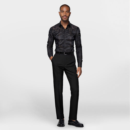Black # Men's slim fit embroidered paisley shirt with point collar and long sleeves, black button-closure top with tone-to-tone embroidery and breathable polyester blend fabric for business, party, prom, wedding and daily wear, isolated on white background.