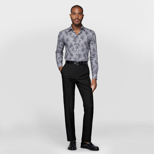Grey # Men's slim fit embroidered paisley shirt with point collar and long sleeves, grey button-closure top with tone-to-tone embroidery and breathable polyester blend fabric for business, party, prom, wedding and daily wear, isolated on white background.