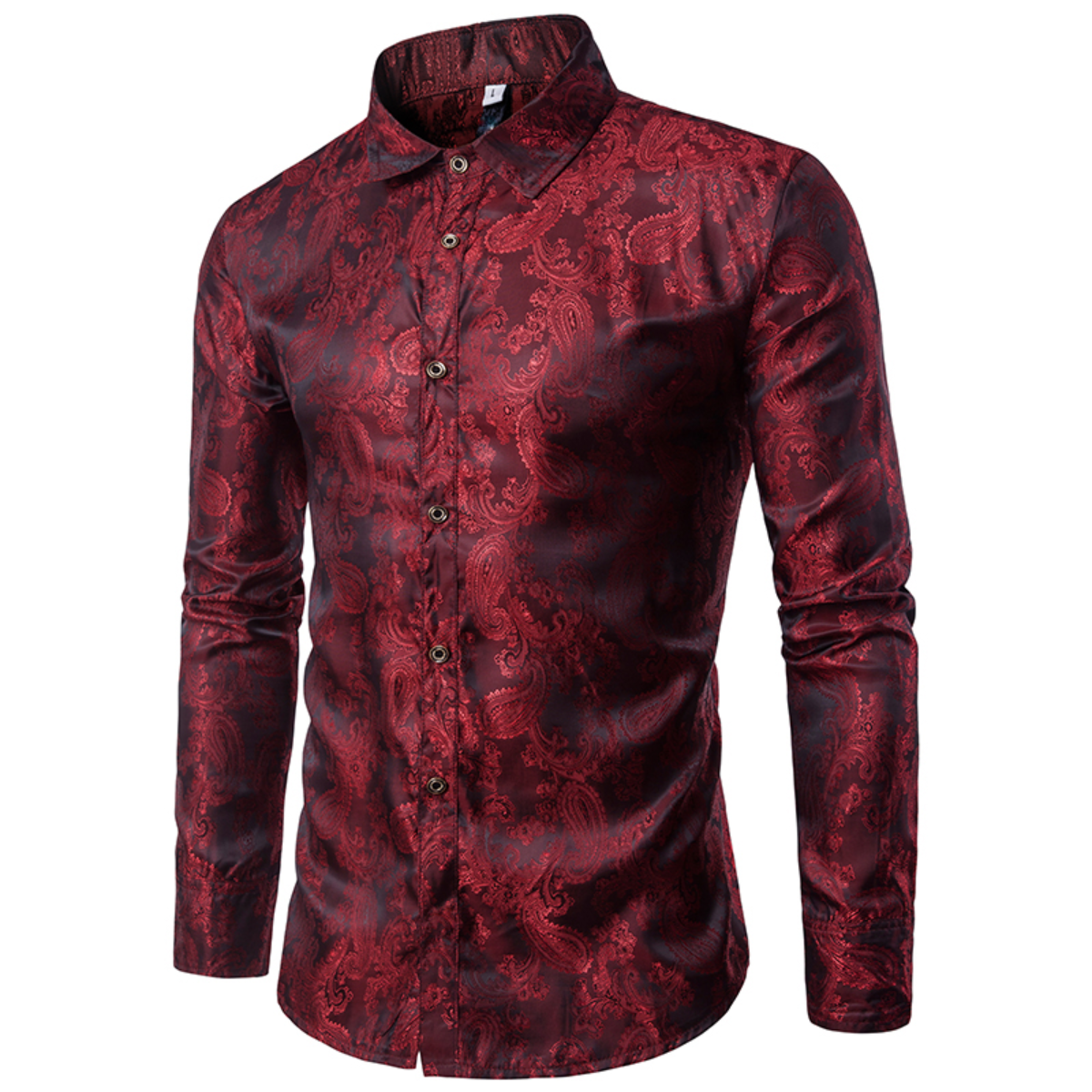 Maroon # Men's slim fit embroidered paisley shirt with point collar and long sleeves, maroon button-closure top with tone-to-tone embroidery and smooth breathable polyester blend fabric for business, party, prom, wedding and daily wear, isolated on white background.