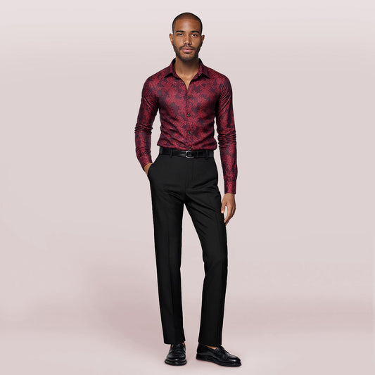 Maroon # Men's slim fit embroidered paisley shirt with point collar and long sleeves, maroon button-closure top with tone-to-tone embroidery and smooth breathable polyester blend fabric for business, party, prom, wedding and daily wear, isolated on white background.
