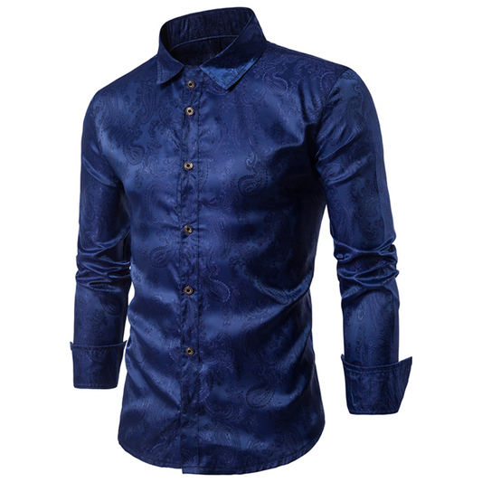 Navy # Men's slim fit embroidered paisley shirt with point collar and long sleeves, navy blue button-closure top with tone-to-tone embroidery and breathable polyester blend fabric for business, party, prom, wedding and daily wear, isolated on white background.