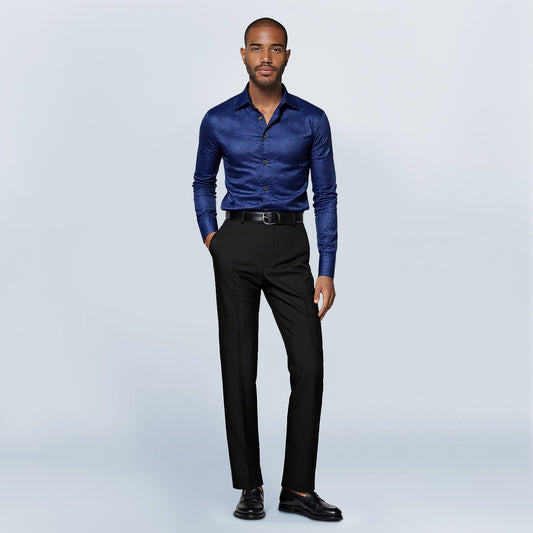 Navy # Men's slim fit embroidered paisley shirt with point collar and long sleeves, navy blue button-closure top with tone-to-tone embroidery and breathable polyester blend fabric for business, party, prom, wedding and daily wear, isolated on white background.
