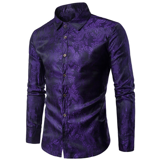 Purple # Men's slim fit embroidered paisley shirt with point collar and long sleeves, purple button-closure top with tone-to-tone embroidery and breathable polyester blend fabric for business, party, prom, wedding and daily wear, isolated on white background.