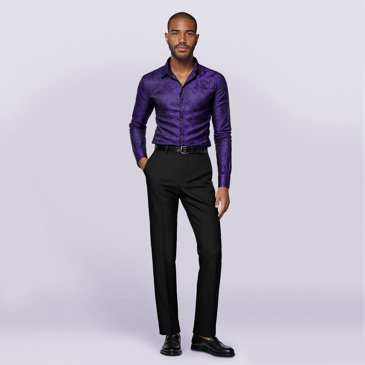 Purple # Men's slim fit embroidered paisley shirt with point collar and long sleeves, purple button-closure top with tone-to-tone embroidery and breathable polyester blend fabric for business, party, prom, wedding and daily wear, isolated on white background.