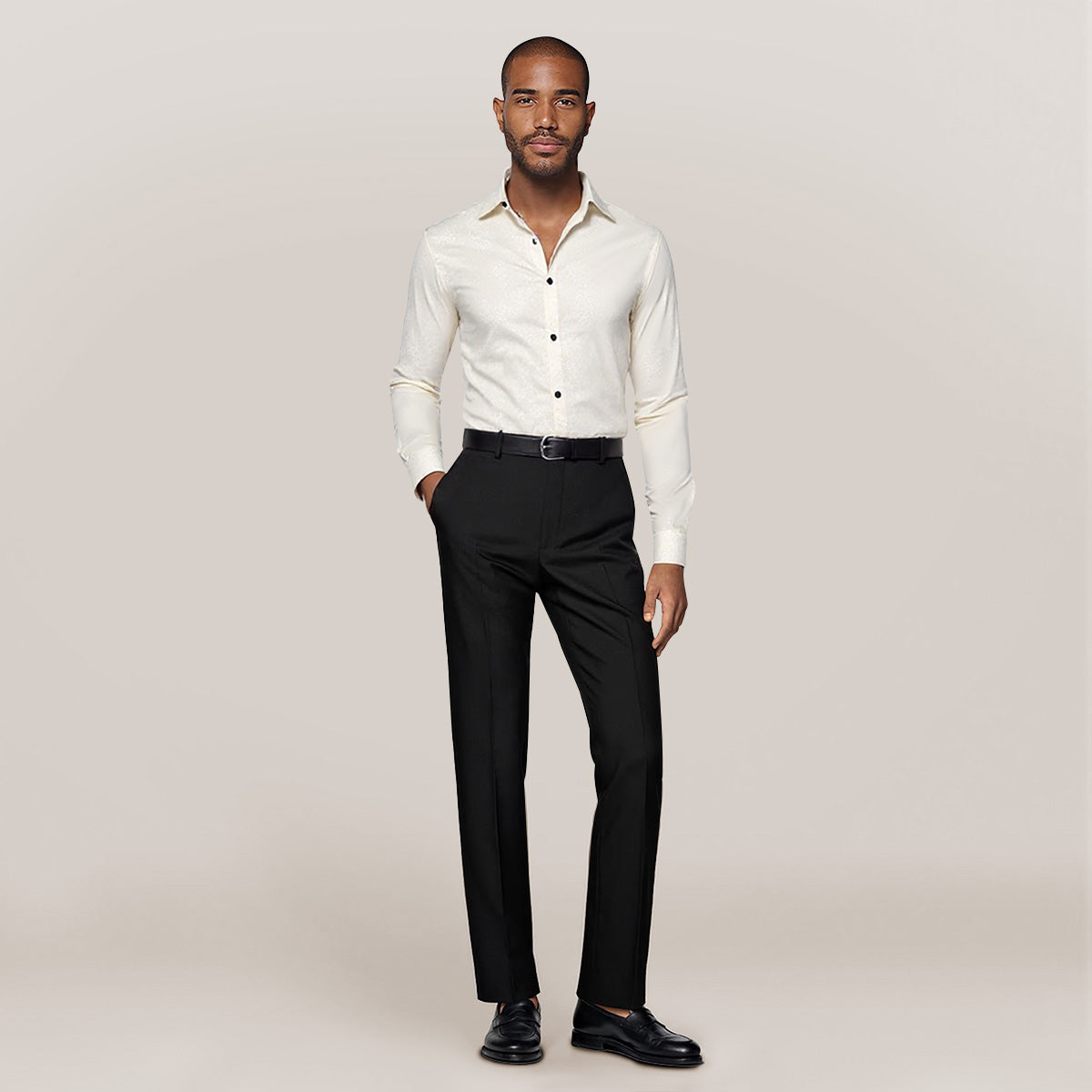 White # Men's slim fit embroidered paisley shirt with point collar and long sleeves with two button cuffs, white tone-to-tone embroidery button-closure top in soft polyester blend fabric for party, prom, wedding, business and daily wear, isolated on white background.