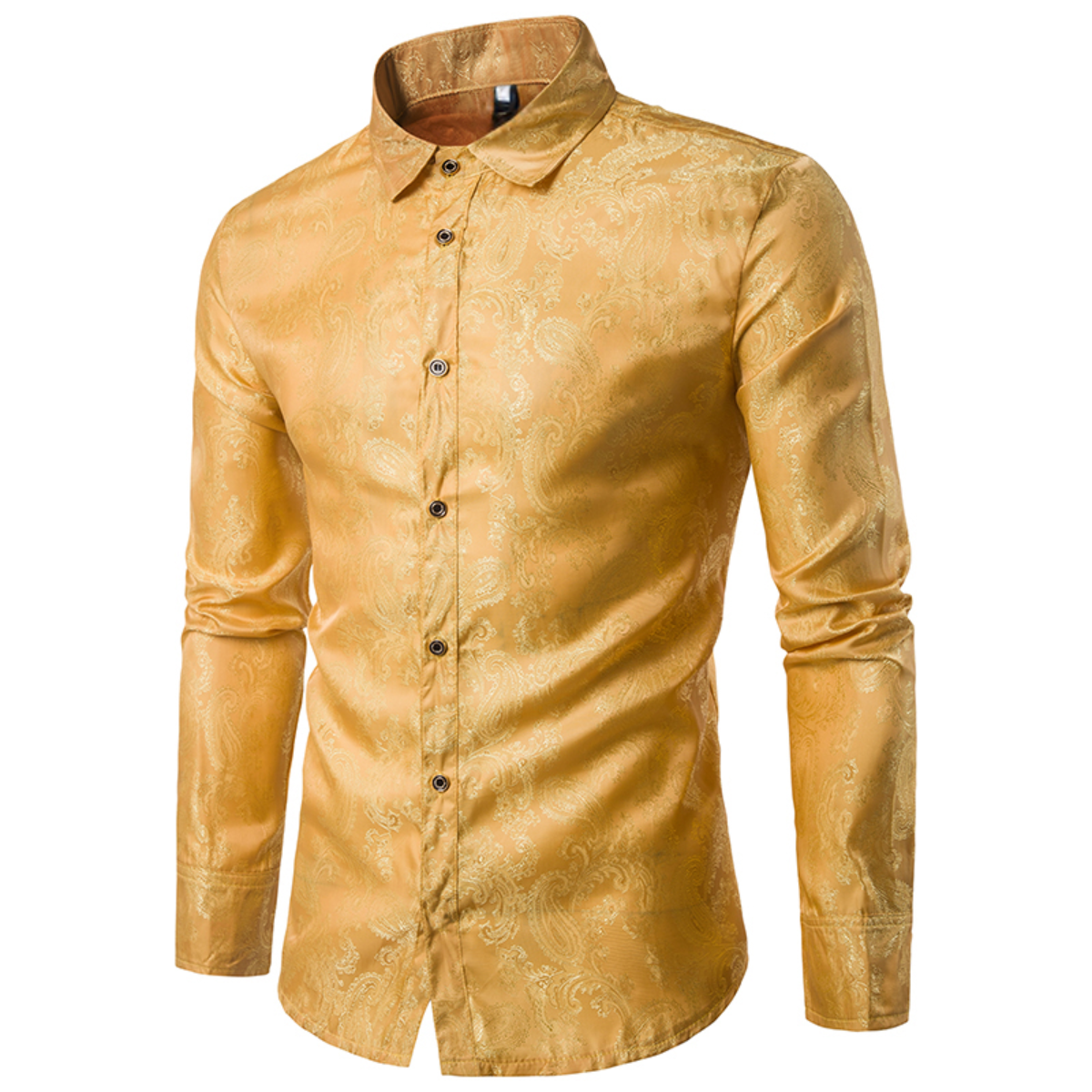 Yellow # Men's slim fit embroidered paisley shirt with point collar and long sleeves, yellow button-closure top with tone-to-tone embroidery and smooth breathable polyester blend fabric for business, party, prom, wedding and daily wear, isolated on white background.