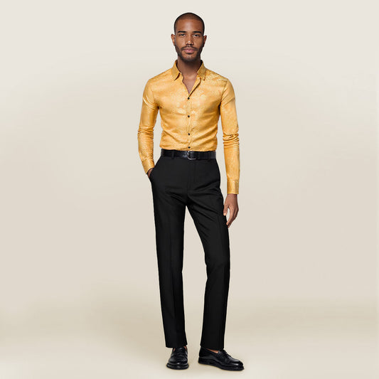 Yellow # Men's slim fit embroidered paisley shirt with point collar and long sleeves, yellow button-closure top with tone-to-tone embroidery and smooth breathable polyester blend fabric for business, party, prom, wedding and daily wear, isolated on white background.