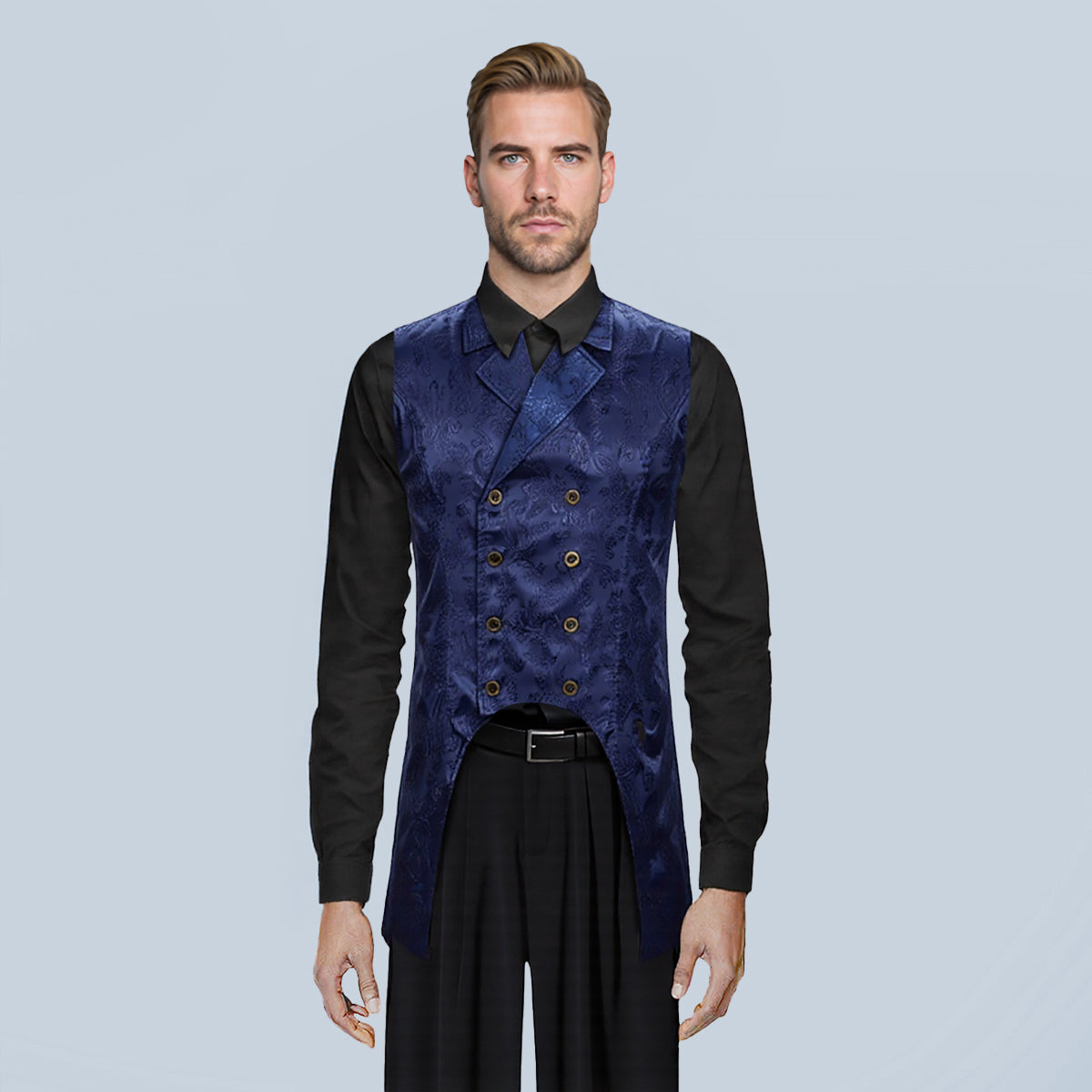 Navy # Men's slim fit double breasted paisley dress vest with notched lapel and back vent, navy blue brocade sleeveless tailcoat with 4-button front closure and elegant paisley embroidery pattern, formal waistcoat for wedding, prom, party, banquet and special occasions, isolated on white background.