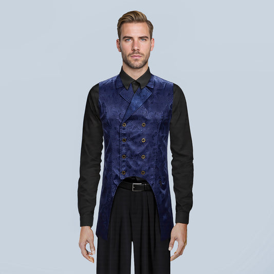 Navy # Men's slim fit double breasted paisley dress vest with notched lapel and back vent, navy blue brocade sleeveless tailcoat with 4-button front closure and elegant paisley embroidery pattern, formal waistcoat for wedding, prom, party, banquet and special occasions, isolated on white background.