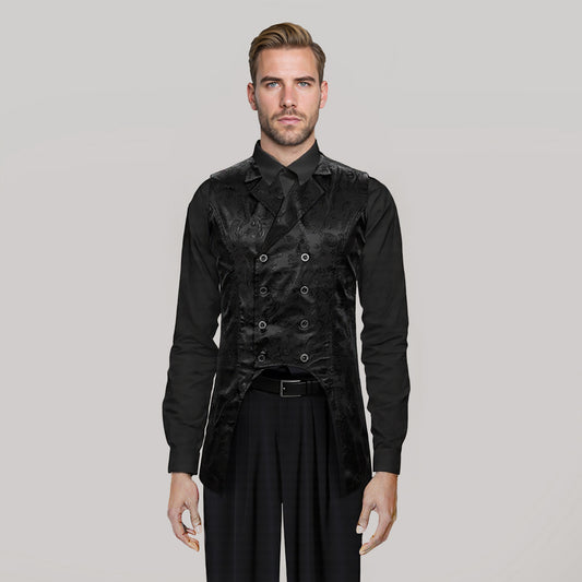 Black # Men's slim fit double-breasted paisley dress vest with notched lapel and back vent, black floral sleeveless tailcoat with 4-button front closure and elegant paisley embroidery pattern for party, wedding, prom, banquet and festival, isolated on white background.