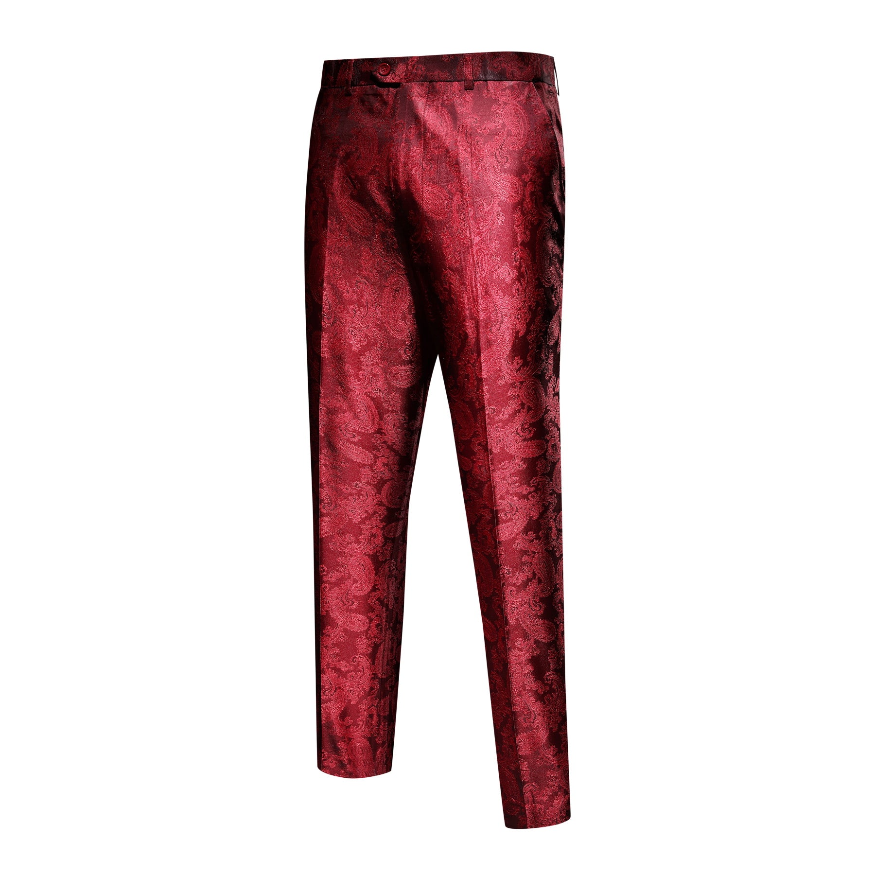 Wine Red # Men's palace dark texture slim fit trousers with diagonal front pockets and elegant button closure, smooth cotton blend formal pants with unique waistband design for business, office, wedding and daily wear, isolated on white background.