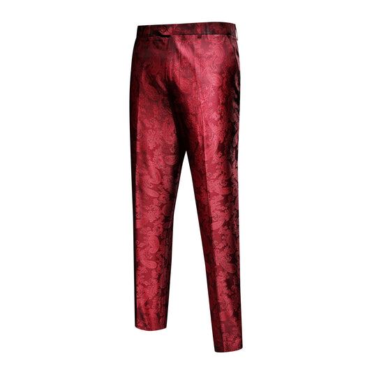 Wine Red # Men's palace dark texture slim fit trousers with diagonal front pockets and elegant button closure, smooth cotton blend formal pants with unique waistband design for business, office, wedding and daily wear, isolated on white background.