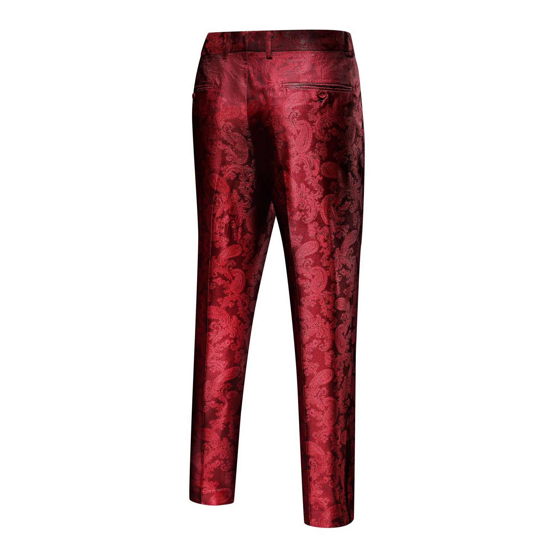 Wine Red # Men's palace dark texture slim fit trousers with diagonal front pockets and elegant button closure, smooth cotton blend formal pants with unique waistband design for business, office, wedding and daily wear, isolated on white background.